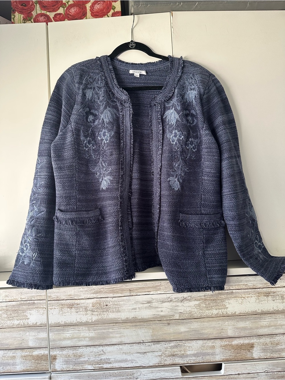 🌿 Chico’s Size 2 L Blue Embroidered Floral Open Front Fringe Cardigan Jacket